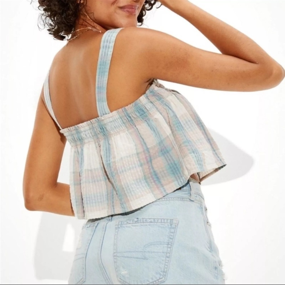American Eagle Outfitters Pink and Blue Smocked Tie Front Crop Top Size Large